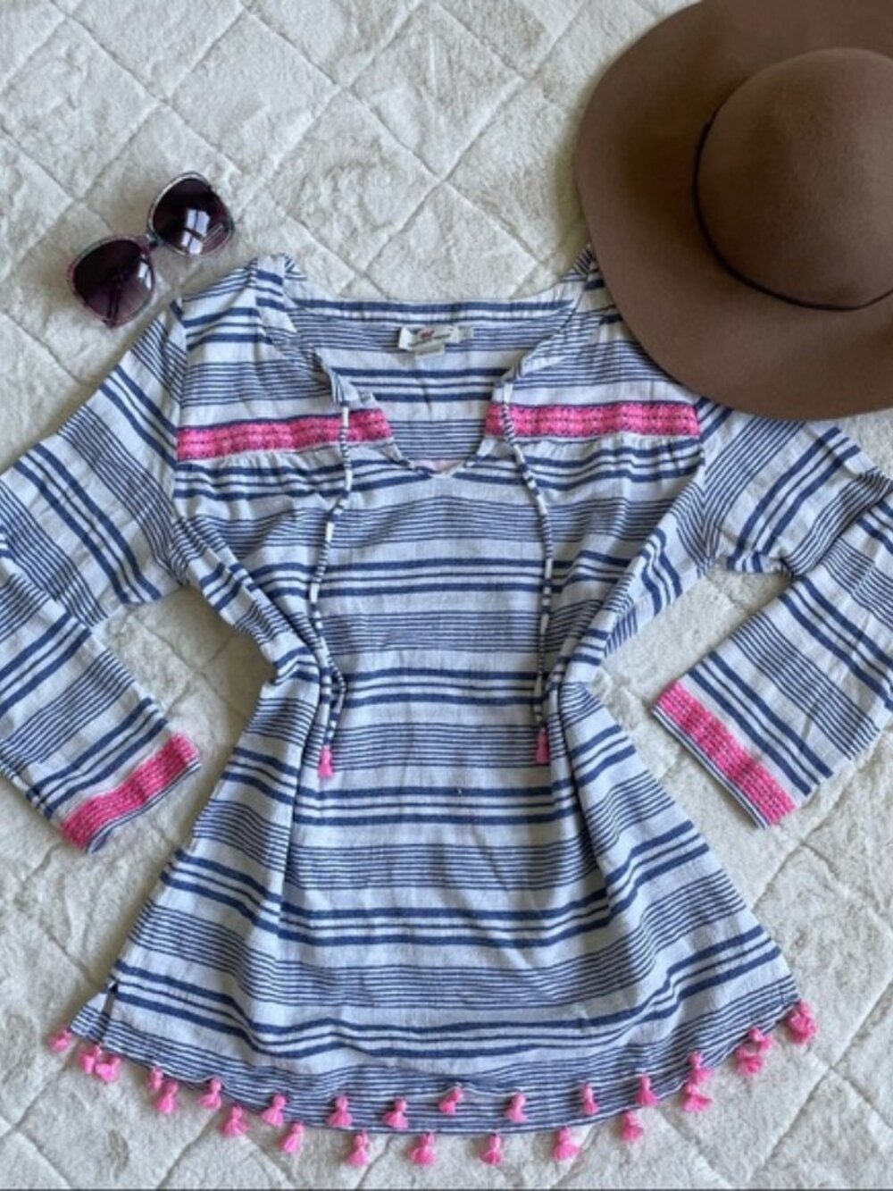 Vineyard Vines | Bungalow Stripe Tunic Top Tassels Embroidered | Size Large